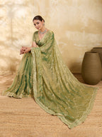 Dwija Fashion Mint Green Party Wear Embroidered Jimmy Choo Saree With Unstitched Blouse | Grocsy