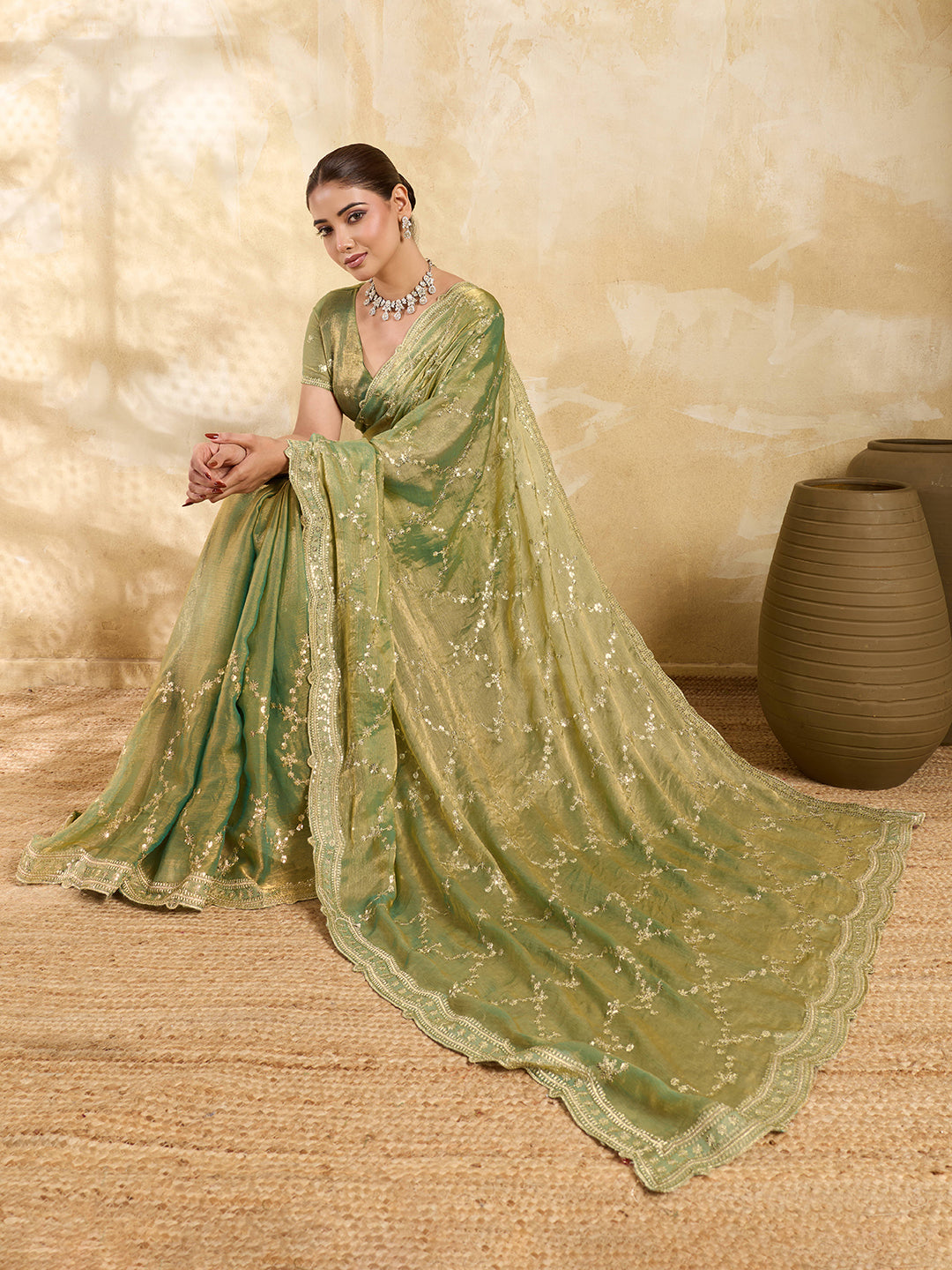 Dwija Fashion Mint Green Party Wear Embroidered Jimmy Choo Saree With Unstitched Blouse | Grocsy