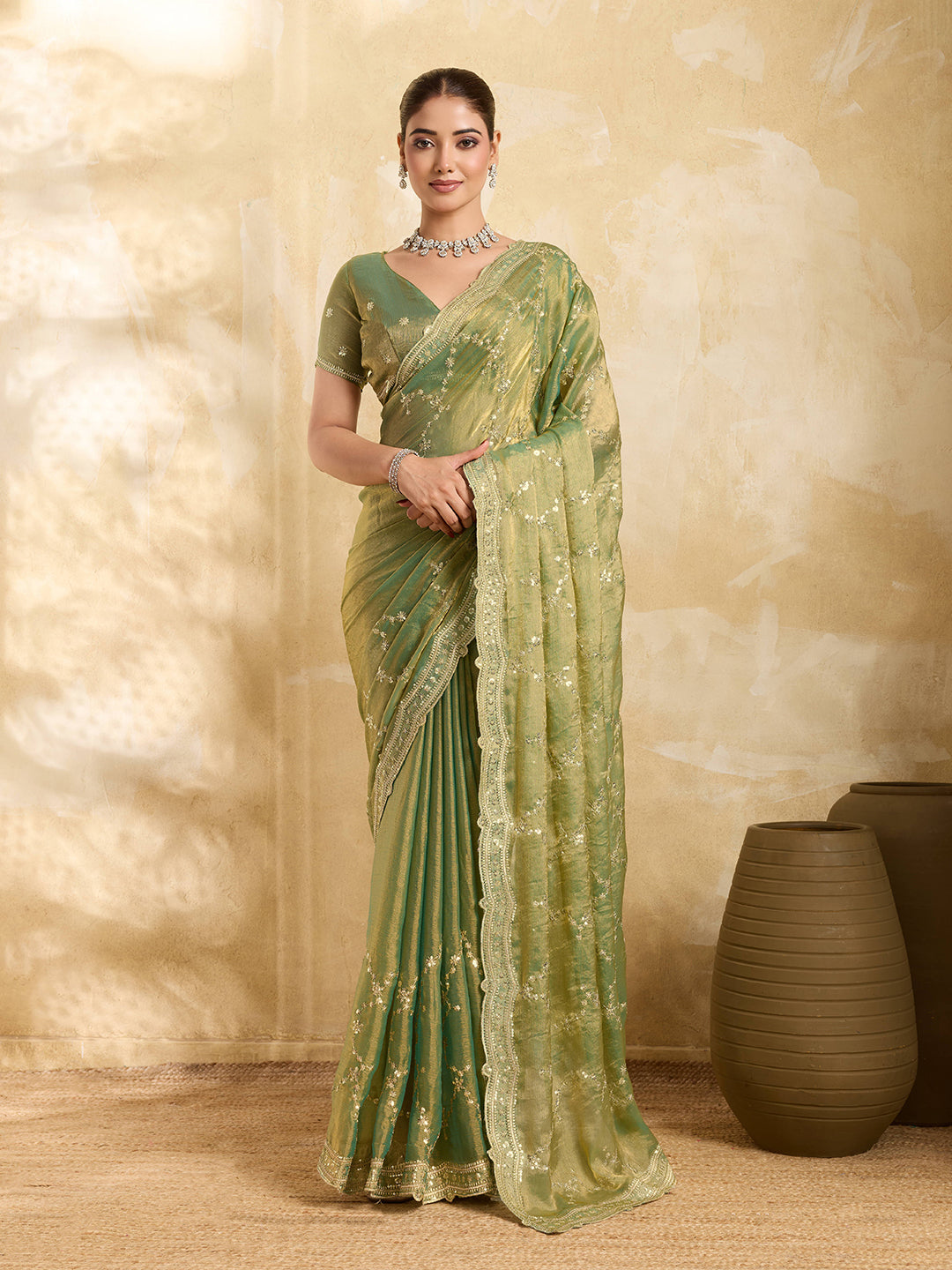 Dwija Fashion Mint Green Party Wear Embroidered Jimmy Choo Saree With Unstitched Blouse | Grocsy