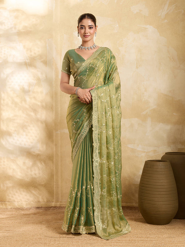 Dwija Fashion Mint Green Party Wear Embroidered Jimmy Choo Saree With Unstitched Blouse