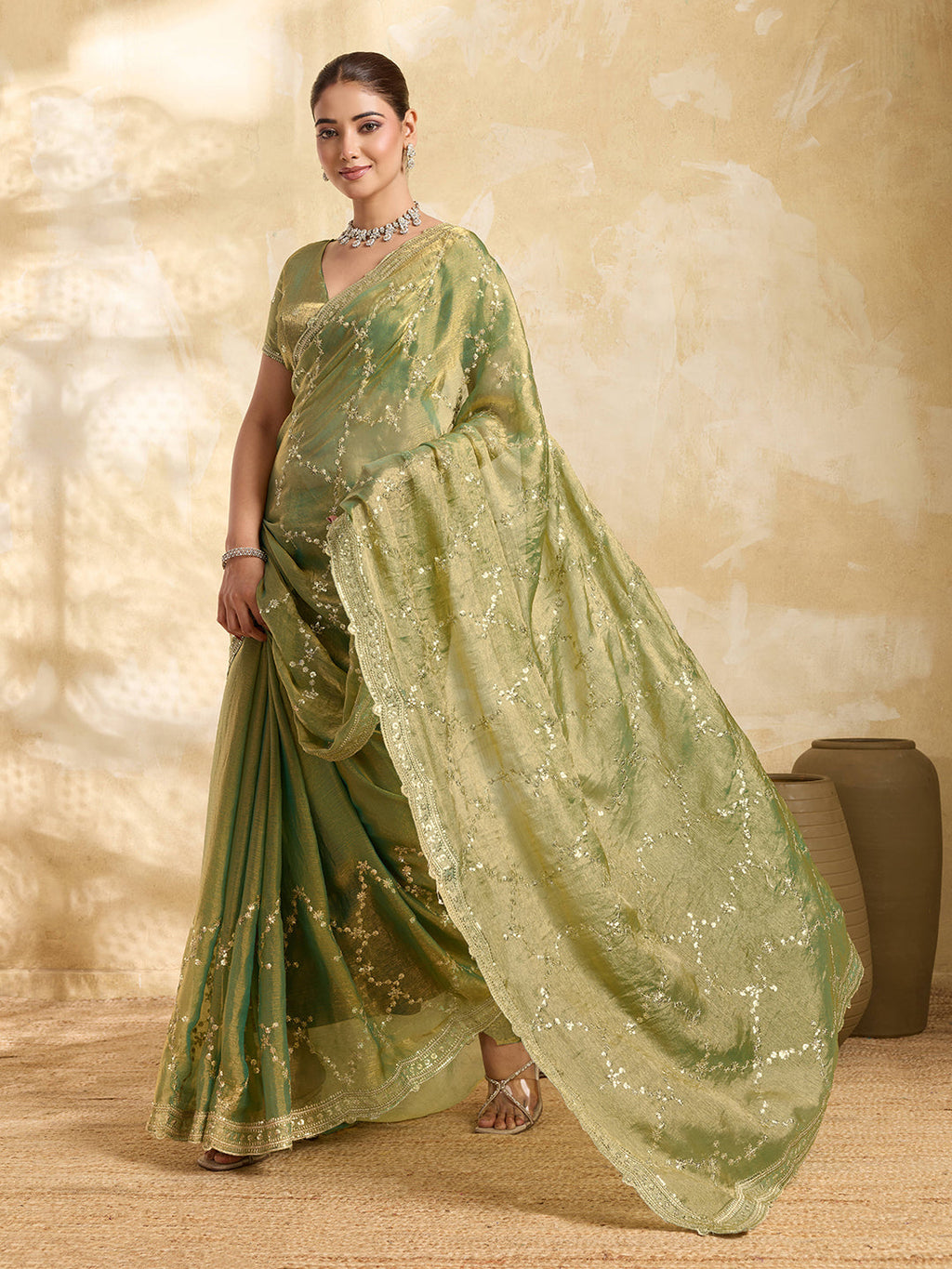 Dwija Fashion Mint Green Party Wear Embroidered Jimmy Choo Saree With Unstitched Blouse | Grocsy