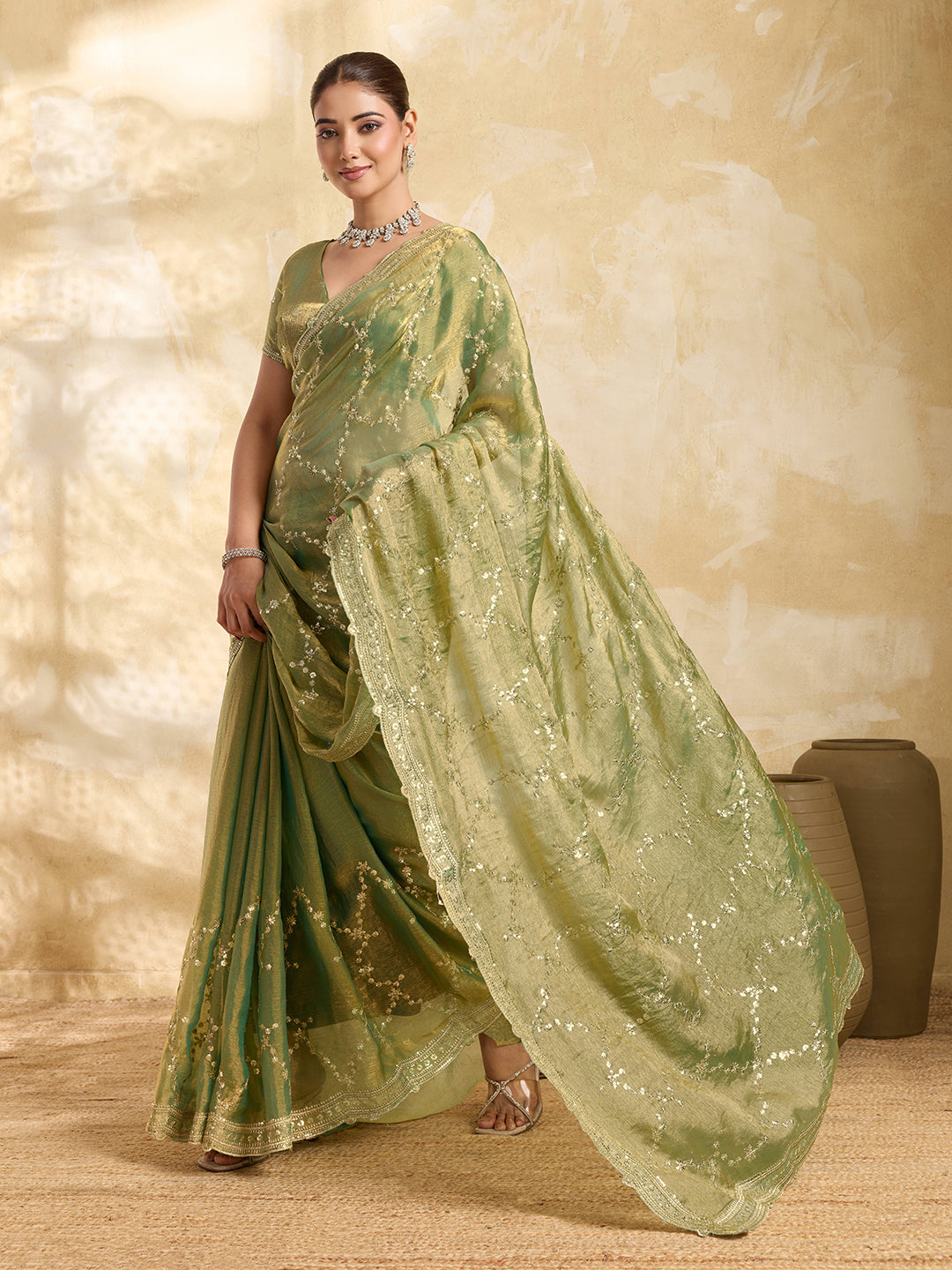 Dwija Fashion Mint Green Party Wear Embroidered Jimmy Choo Saree With Unstitched Blouse | Grocsy