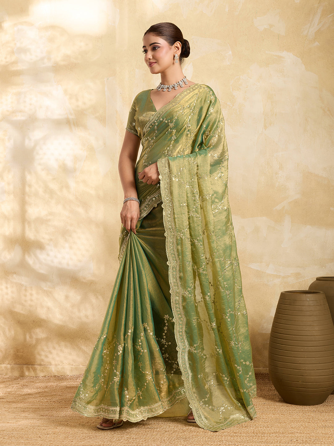 Dwija Fashion Mint Green Party Wear Embroidered Jimmy Choo Saree With Unstitched Blouse | Grocsy