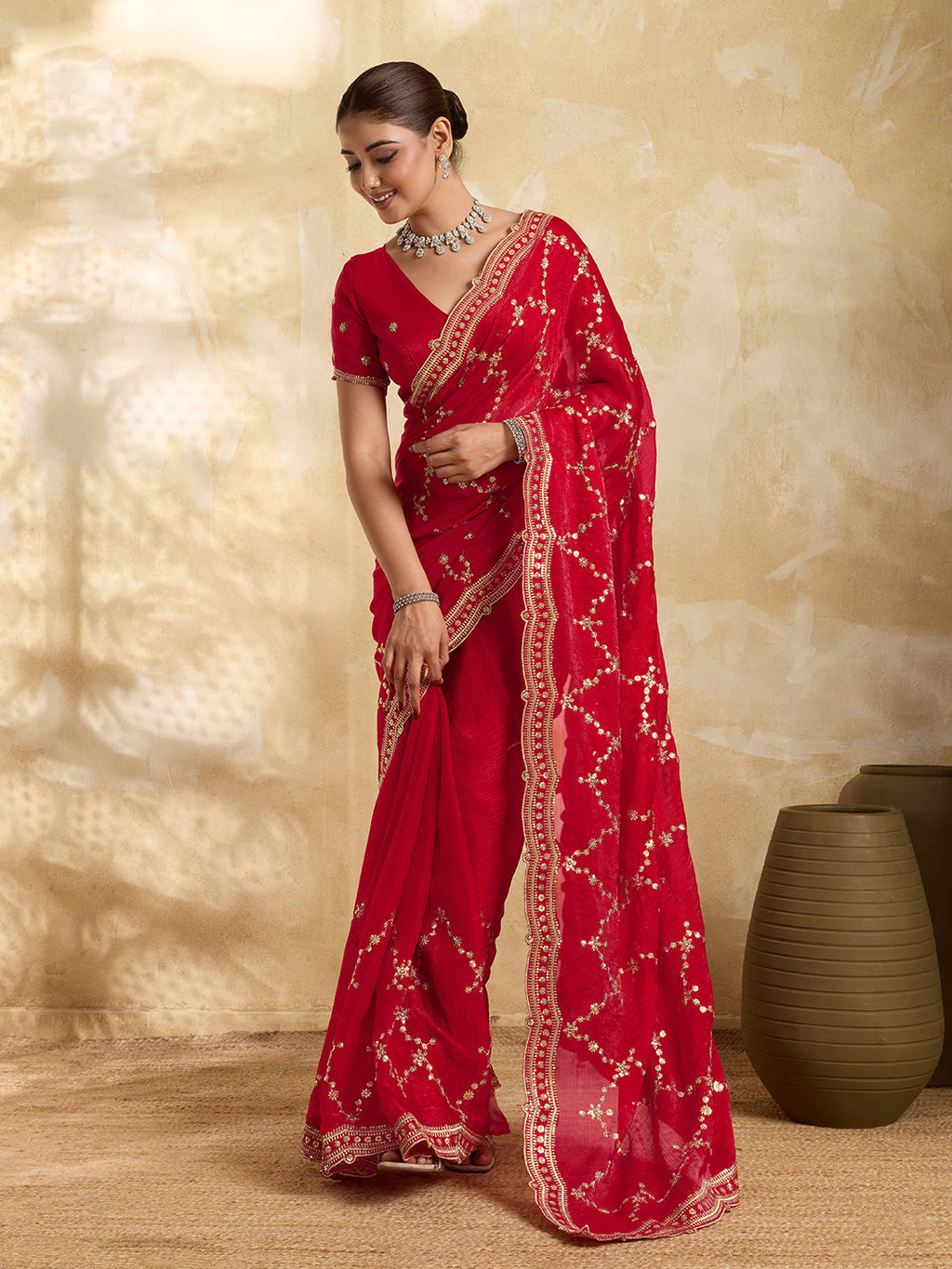 Dwija Fashion Red Party Wear Embroidered Jimmy Choo Saree With Unstitched Blouse | Grocsy