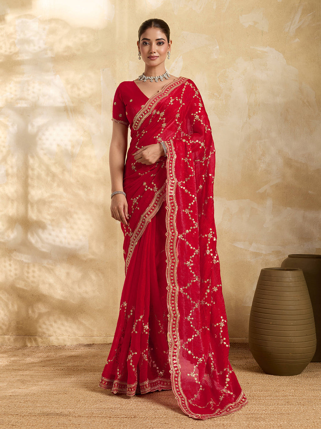 Dwija Fashion Red Party Wear Embroidered Jimmy Choo Saree With Unstitched Blouse | Grocsy