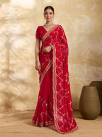 Dwija Fashion Red Party Wear Embroidered Jimmy Choo Saree With Unstitched Blouse | Grocsy
