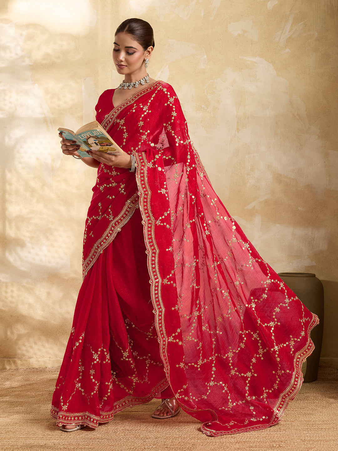 Dwija Fashion Red Party Wear Embroidered Jimmy Choo Saree With Unstitched Blouse | Grocsy