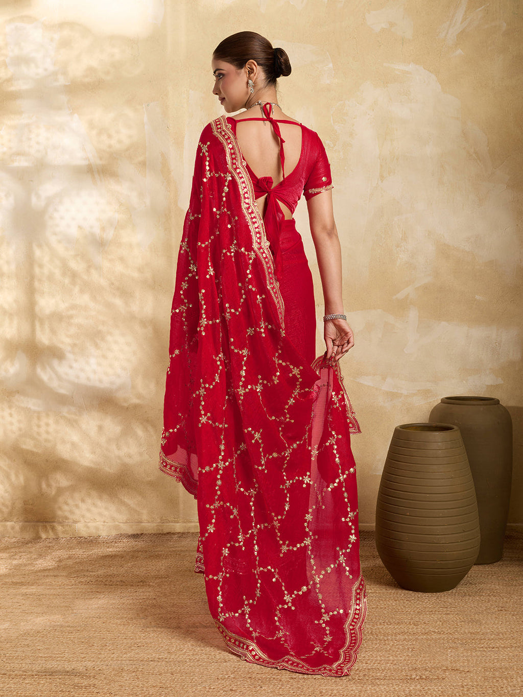 Dwija Fashion Red Party Wear Embroidered Jimmy Choo Saree With Unstitched Blouse | Grocsy