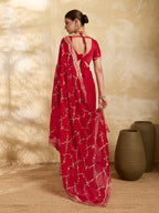 Dwija Fashion Red Party Wear Embroidered Jimmy Choo Saree With Unstitched Blouse | Grocsy