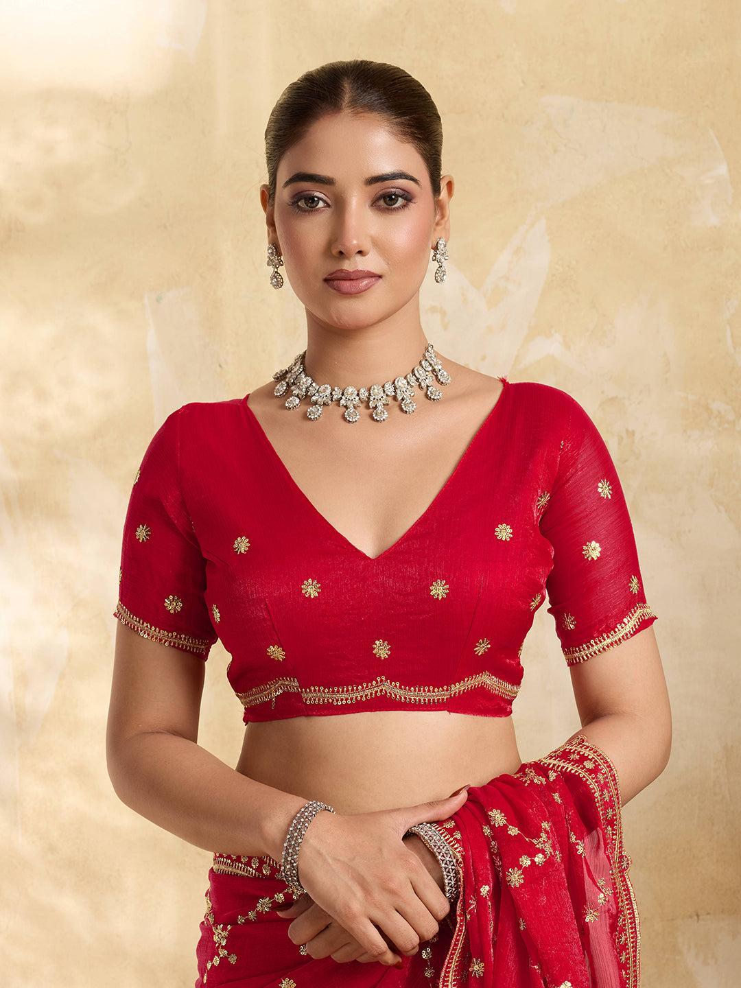 Dwija Fashion Red Party Wear Embroidered Jimmy Choo Saree With Unstitched Blouse | Grocsy
