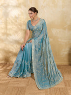 Dwija Fashion Sky Blue Party Wear Embroidered Jimmy Choo Saree With Unstitched Blouse | Grocsy