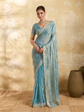 Dwija Fashion Sky Blue Party Wear Embroidered Jimmy Choo Saree With Unstitched Blouse | Grocsy