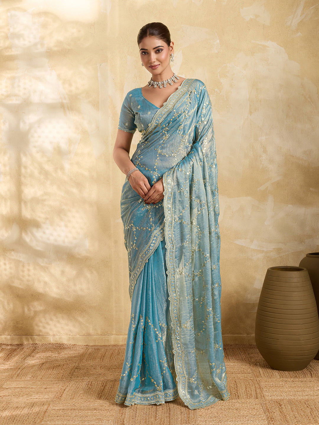 Dwija Fashion Sky Blue Party Wear Embroidered Jimmy Choo Saree With Unstitched Blouse | Grocsy