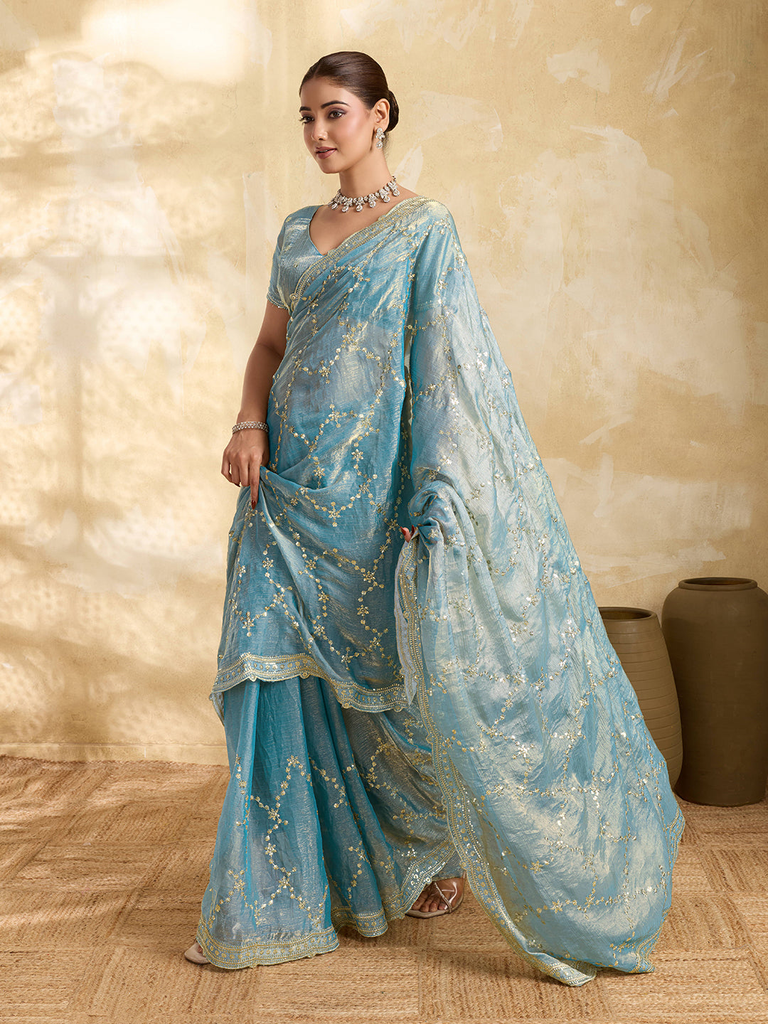Dwija Fashion Sky Blue Party Wear Embroidered Jimmy Choo Saree With Unstitched Blouse | Grocsy