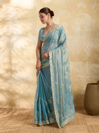Dwija Fashion Sky Blue Party Wear Embroidered Jimmy Choo Saree With Unstitched Blouse | Grocsy