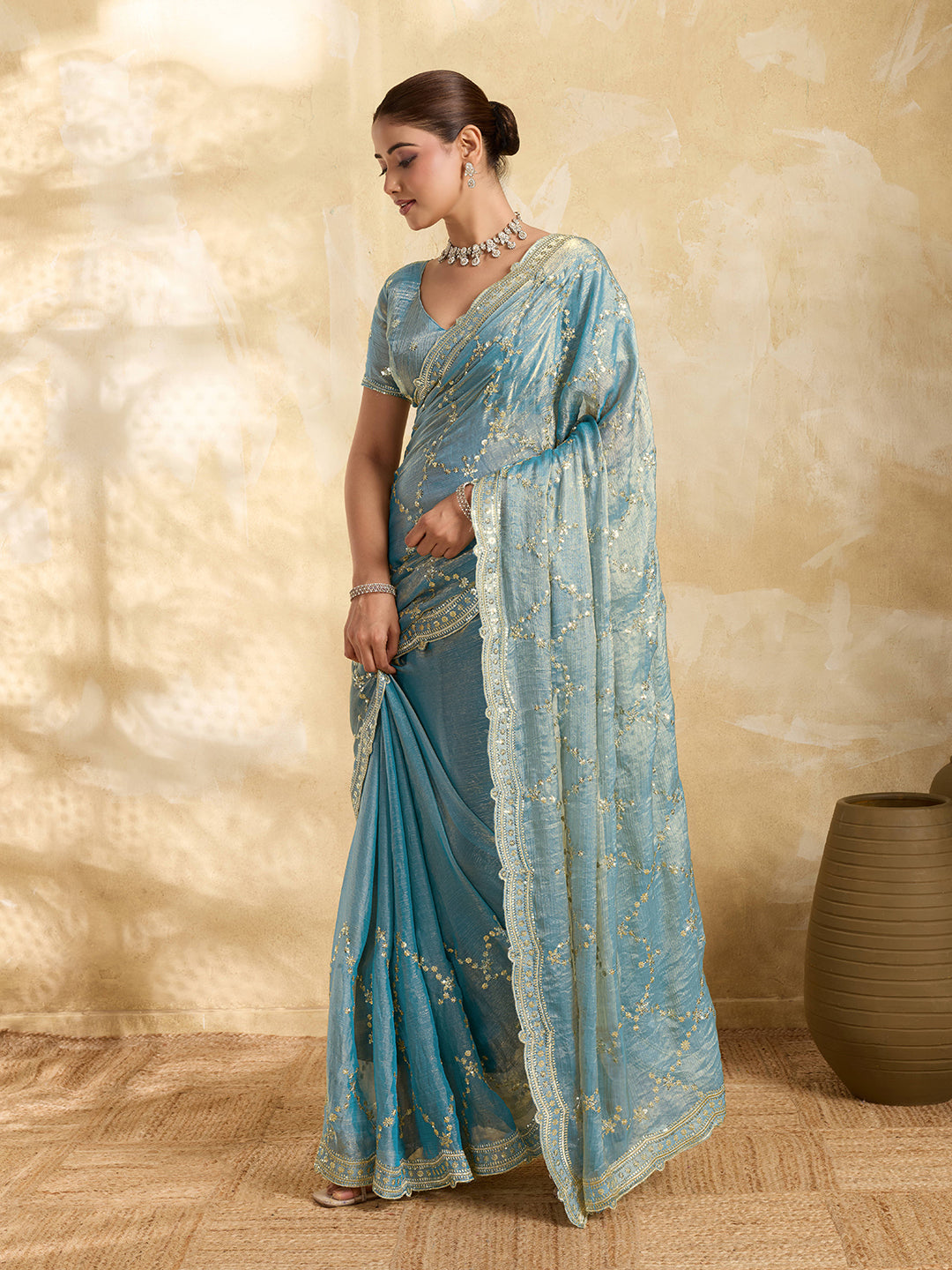 Dwija Fashion Sky Blue Party Wear Embroidered Jimmy Choo Saree With Unstitched Blouse | Grocsy