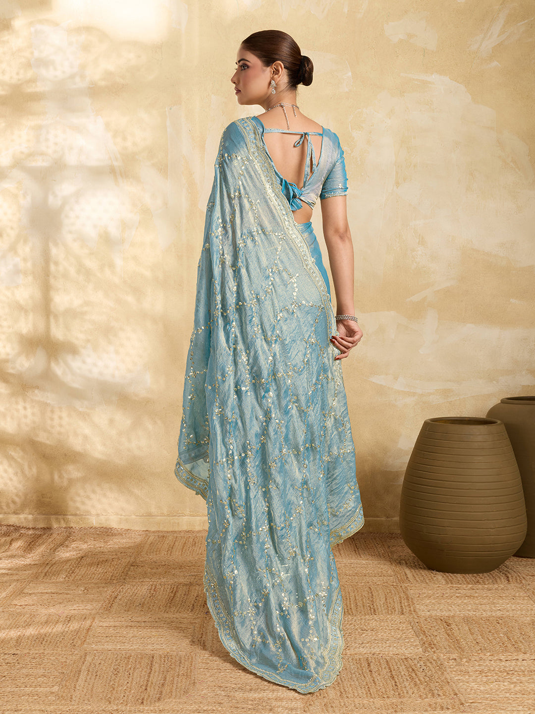 Dwija Fashion Sky Blue Party Wear Embroidered Jimmy Choo Saree With Unstitched Blouse | Grocsy