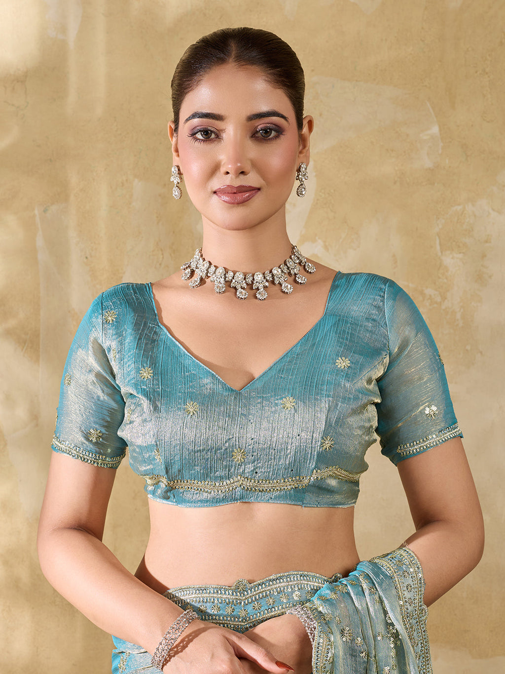 Dwija Fashion Sky Blue Party Wear Embroidered Jimmy Choo Saree With Unstitched Blouse | Grocsy