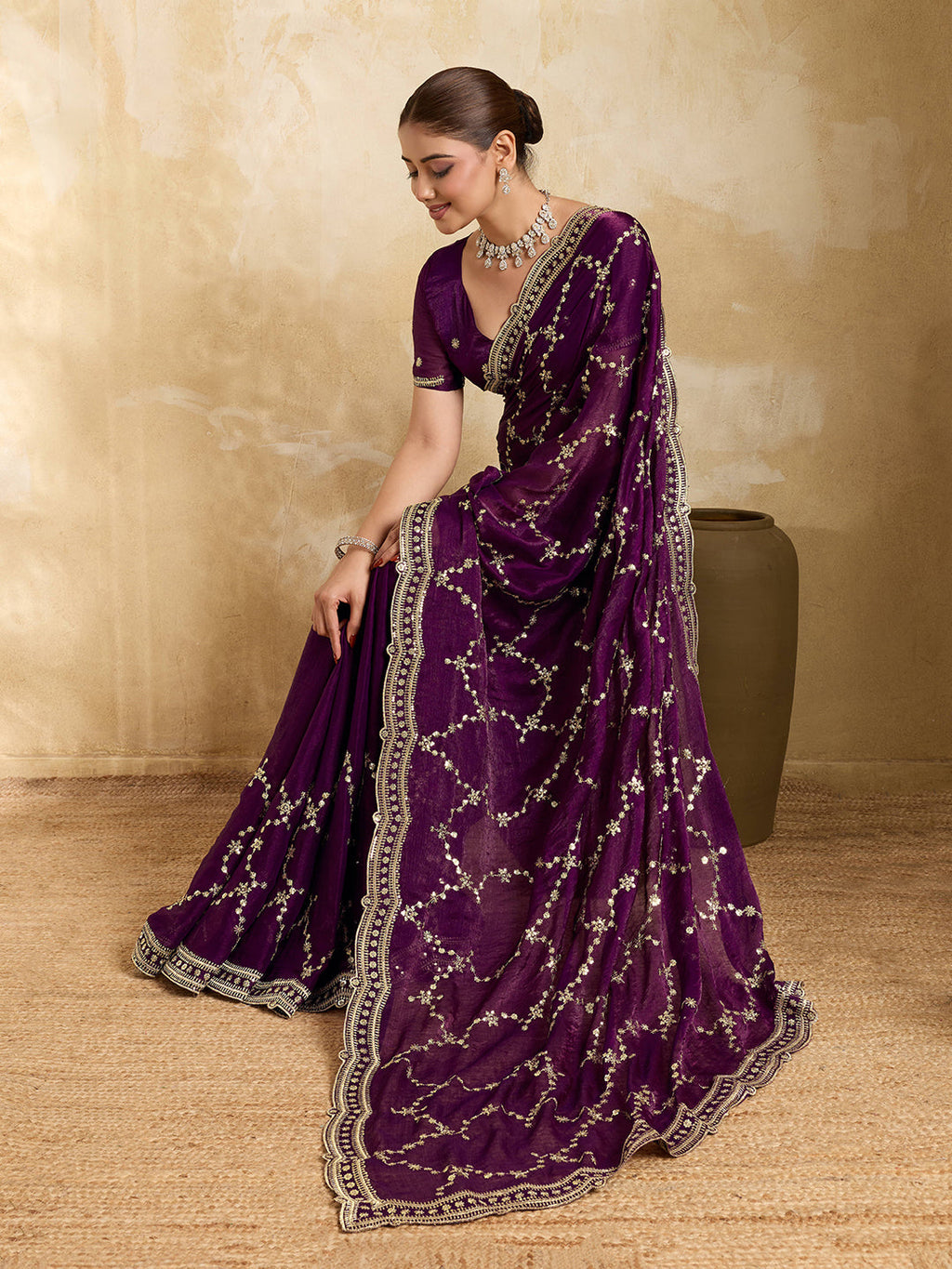 Dwija Fashion Wine Party Wear Embroidered Jimmy Choo Saree With Unstitched Blouse | Grocsy