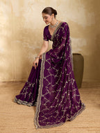 Dwija Fashion Wine Party Wear Embroidered Jimmy Choo Saree With Unstitched Blouse | Grocsy