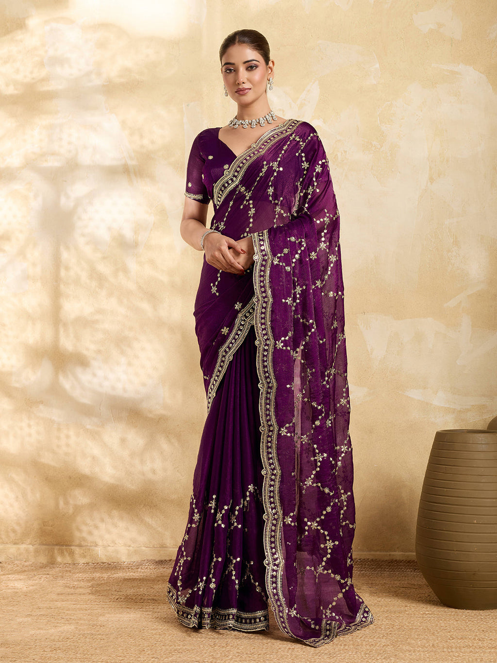 Dwija Fashion Wine Party Wear Embroidered Jimmy Choo Saree With Unstitched Blouse | Grocsy