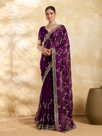 Dwija Fashion Wine Party Wear Embroidered Jimmy Choo Saree With Unstitched Blouse | Grocsy