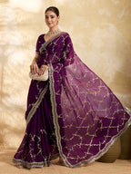 Dwija Fashion Wine Party Wear Embroidered Jimmy Choo Saree With Unstitched Blouse | Grocsy