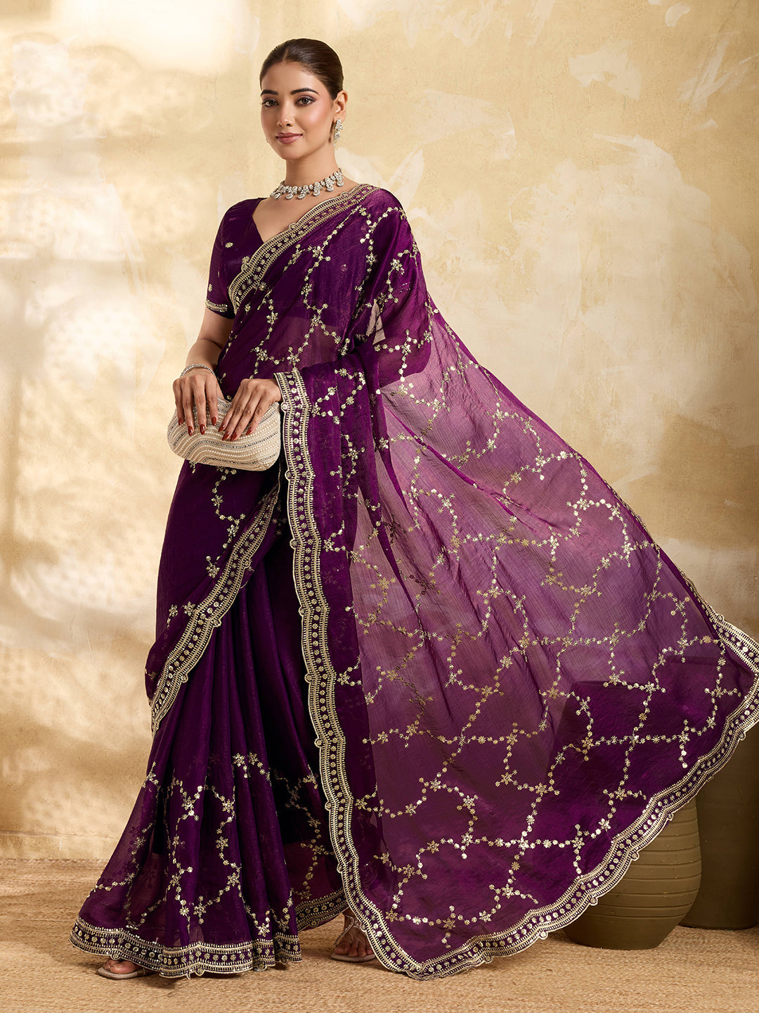 Dwija Fashion Wine Party Wear Embroidered Jimmy Choo Saree With Unstitched Blouse | Grocsy