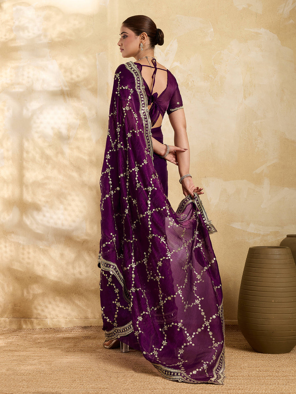 Dwija Fashion Wine Party Wear Embroidered Jimmy Choo Saree With Unstitched Blouse | Grocsy