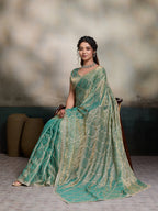 Dwija Fashion Turquoise Blue Party Wear Embroidered Jimmy Choo Fandy Saree With Unstitched Blouse | Grocsy