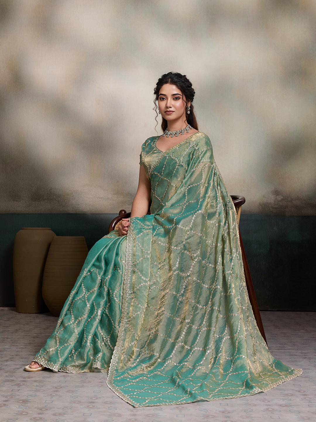 Dwija Fashion Turquoise Blue Party Wear Embroidered Jimmy Choo Fandy Saree With Unstitched Blouse | Grocsy