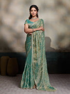 Dwija Fashion Turquoise Blue Party Wear Embroidered Jimmy Choo Fandy Saree With Unstitched Blouse | Grocsy