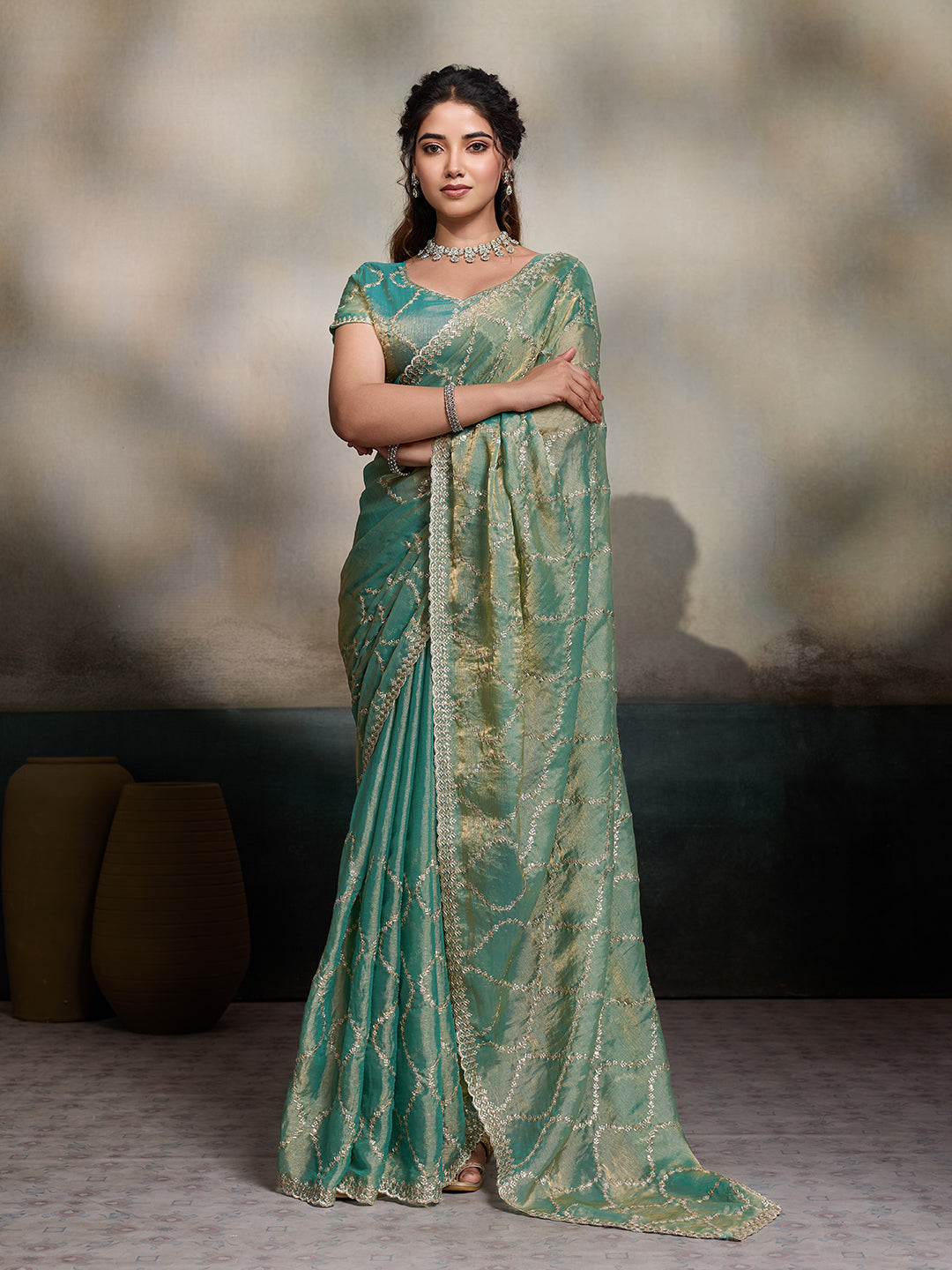 Dwija Fashion Turquoise Blue Party Wear Embroidered Jimmy Choo Fandy Saree With Unstitched Blouse | Grocsy