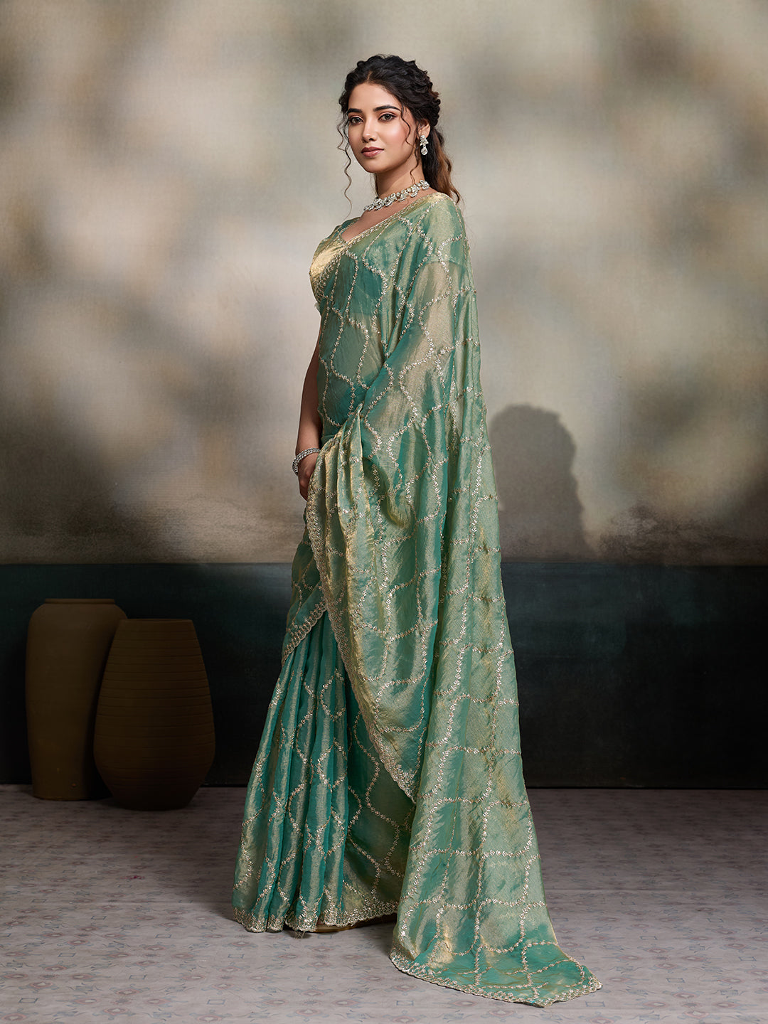 Dwija Fashion Turquoise Blue Party Wear Embroidered Jimmy Choo Fandy Saree With Unstitched Blouse | Grocsy