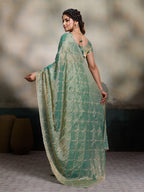 Dwija Fashion Turquoise Blue Party Wear Embroidered Jimmy Choo Fandy Saree With Unstitched Blouse | Grocsy