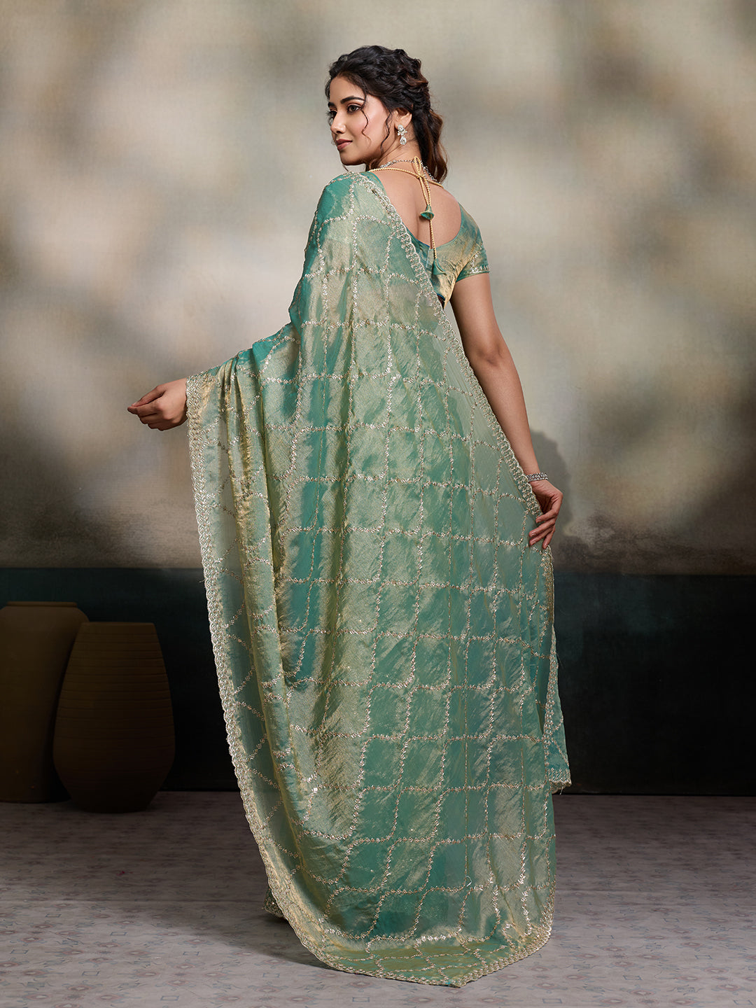 Dwija Fashion Turquoise Blue Party Wear Embroidered Jimmy Choo Fandy Saree With Unstitched Blouse | Grocsy