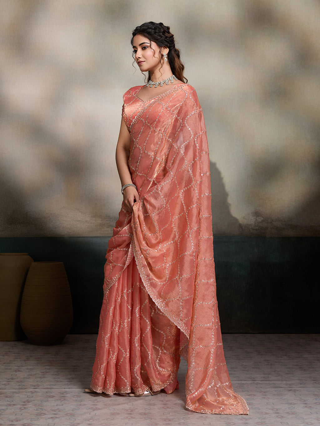 Dwija Fashion Peach Party Wear Embroidered Jimmy Choo Fandy Saree With Unstitched Blouse | Grocsy