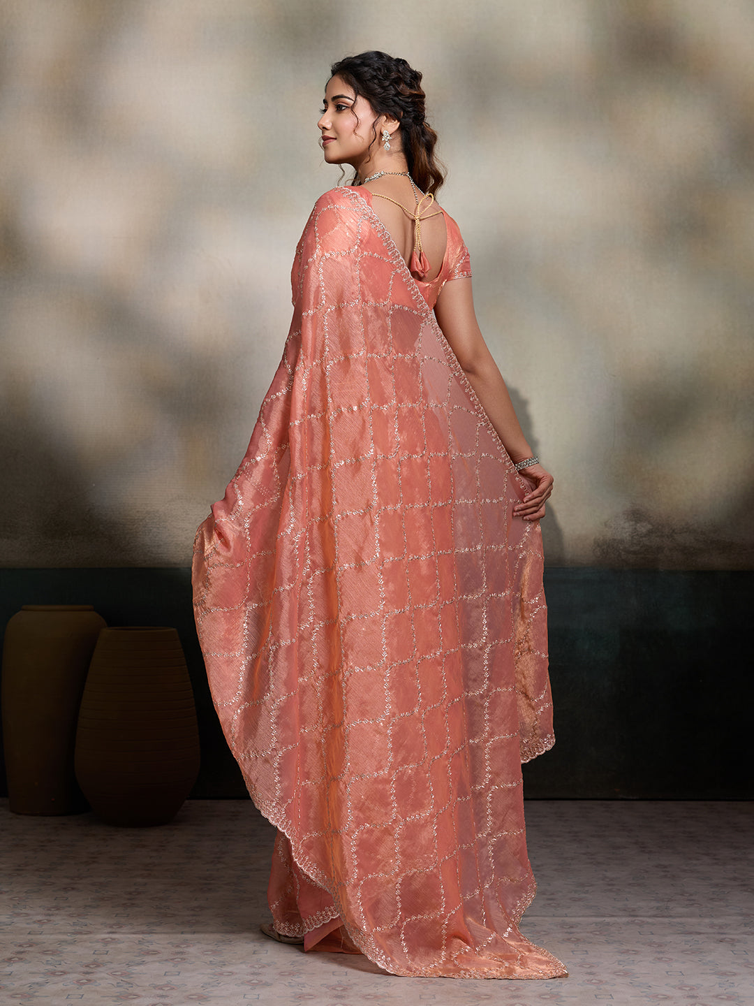 Dwija Fashion Peach Party Wear Embroidered Jimmy Choo Fandy Saree With Unstitched Blouse | Grocsy