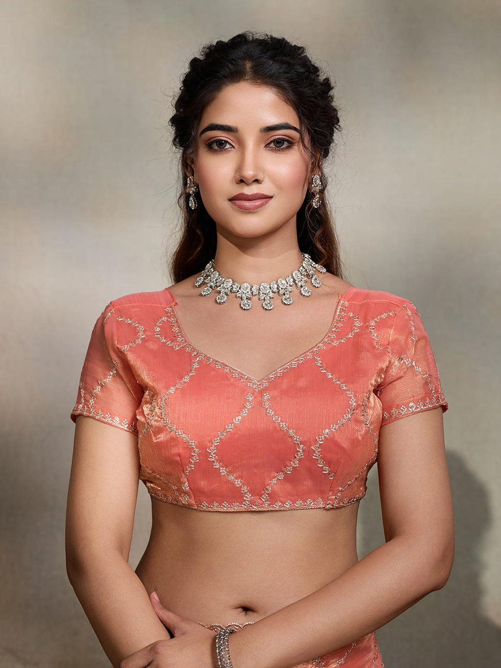 Dwija Fashion Peach Party Wear Embroidered Jimmy Choo Fandy Saree With Unstitched Blouse | Grocsy