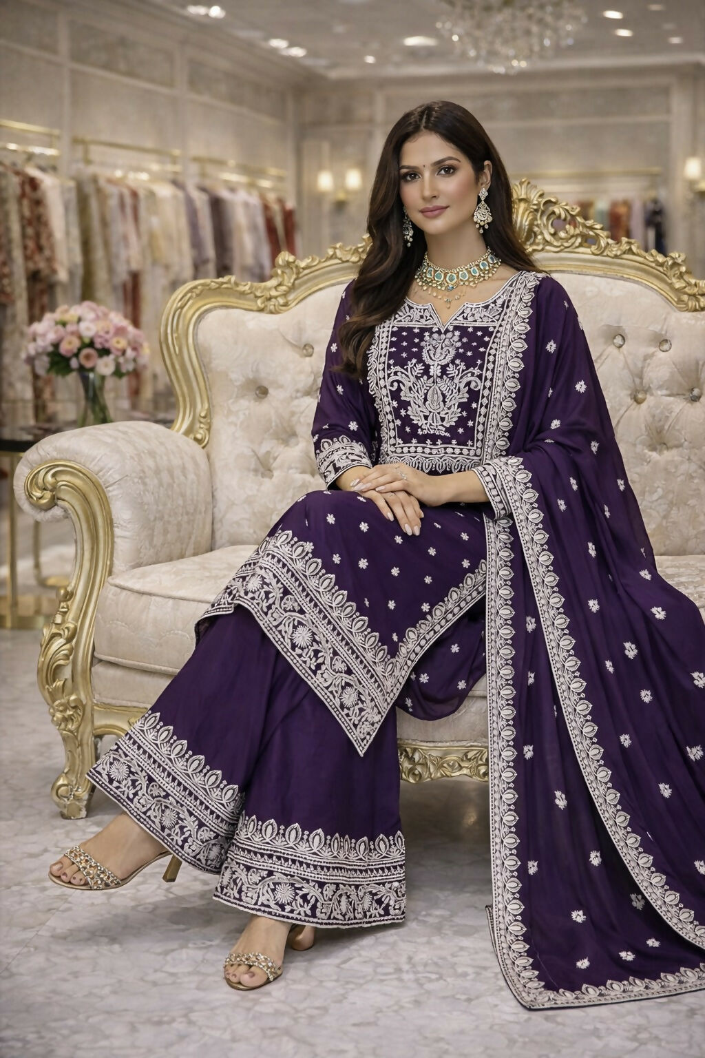 Teeya Creation Purple Fendi Silk Designer Heavy Work Wedding Wear Palazzo | Grocsy