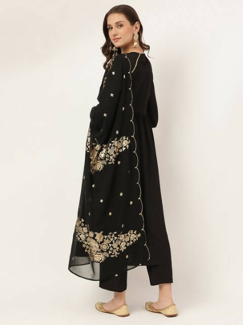FIORRA Women's Black Poly Crepe Flared Kurta Pant With Dupatta | Grocsy