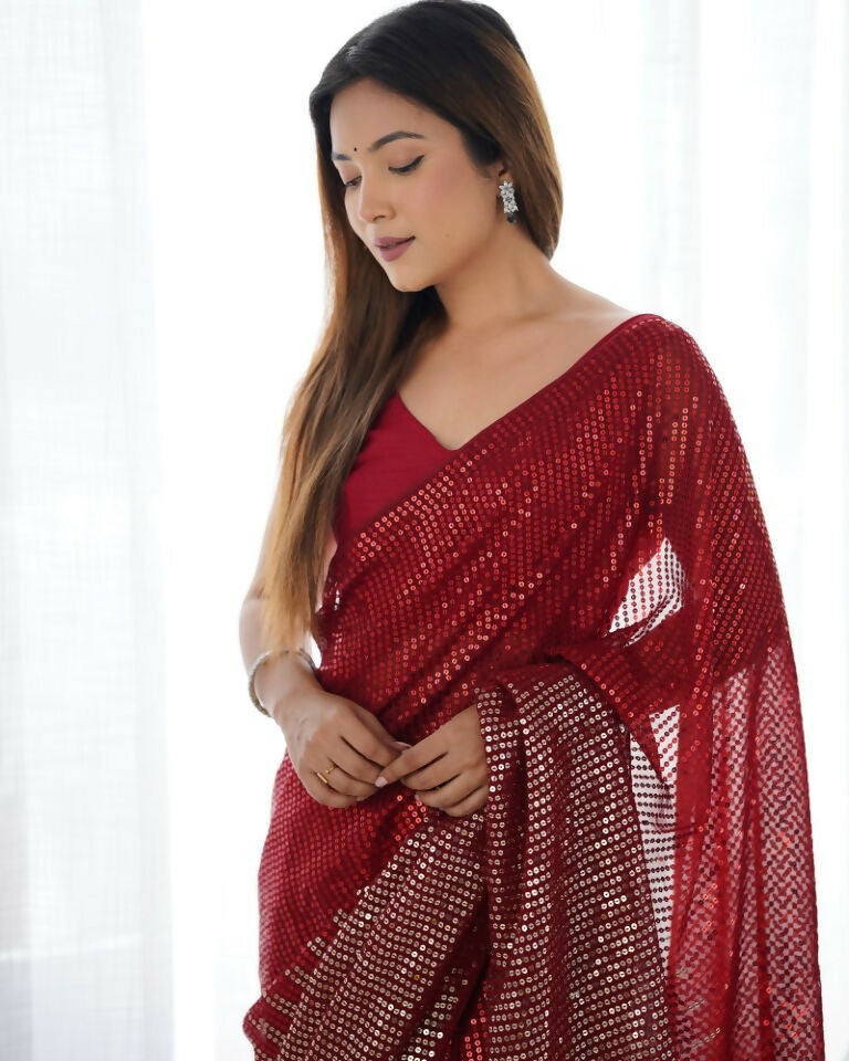 Red Georgette Designer Sequence Embroidery Work Saree - Sitare | Grocsy