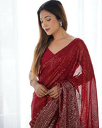 Red Georgette Designer Sequence Embroidery Work Saree - Sitare | Grocsy