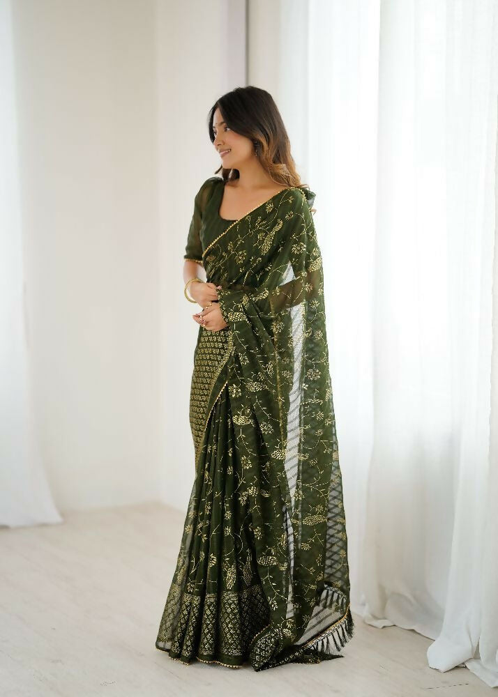 PR Fashion Mehendi Georgette Patta Plain With Foil Work And Small Lace And Zalar Lace Saree | Grocsy