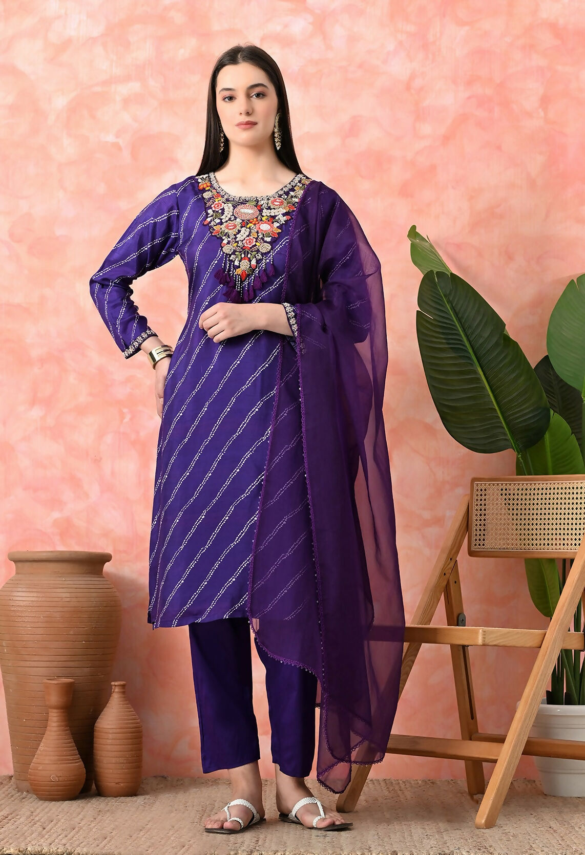 Joban Fashion Purple Premium Pure Viscose Print Dola With Handwork Kurta Set | Grocsy