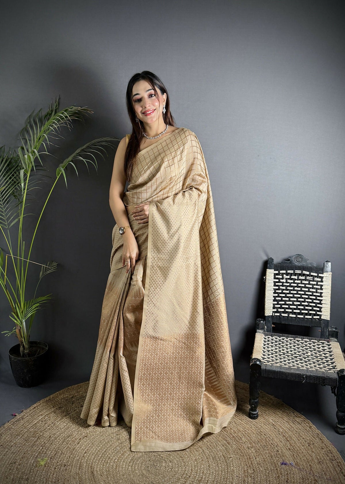 Joban Fashion Ivory Banarasi Soft Lichi Silk Checks & Woven Saree | Grocsy
