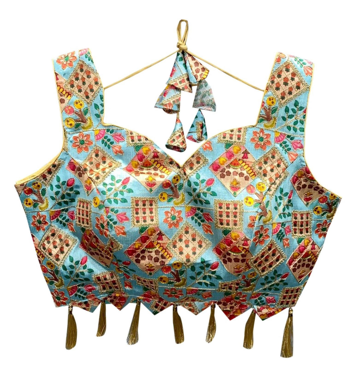 Vamika Sky Blue Banglori Silk Digital Print And Embroidery Blouse | Grocsy