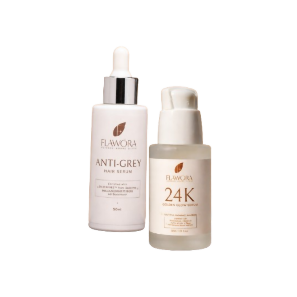 Flawora Set of Anti-Grey Hair Serum and Golden Glow Face Serum | Grocsy