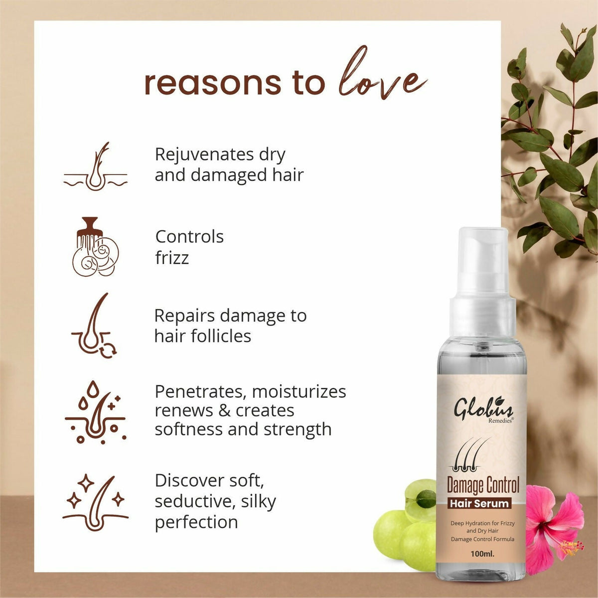 Globus Remedies Damage Control Hair Serum, For Frizzy Hair, Smoothens Rough Ends, Adds Instant Shine,100ml | Grocsy
