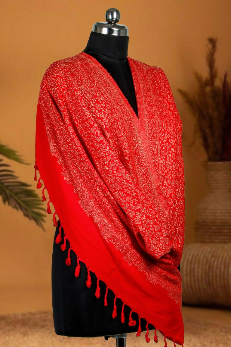 Weaving Mystery Handloom Pashmina Shawl-Kaani Zari - Red | Grocsy